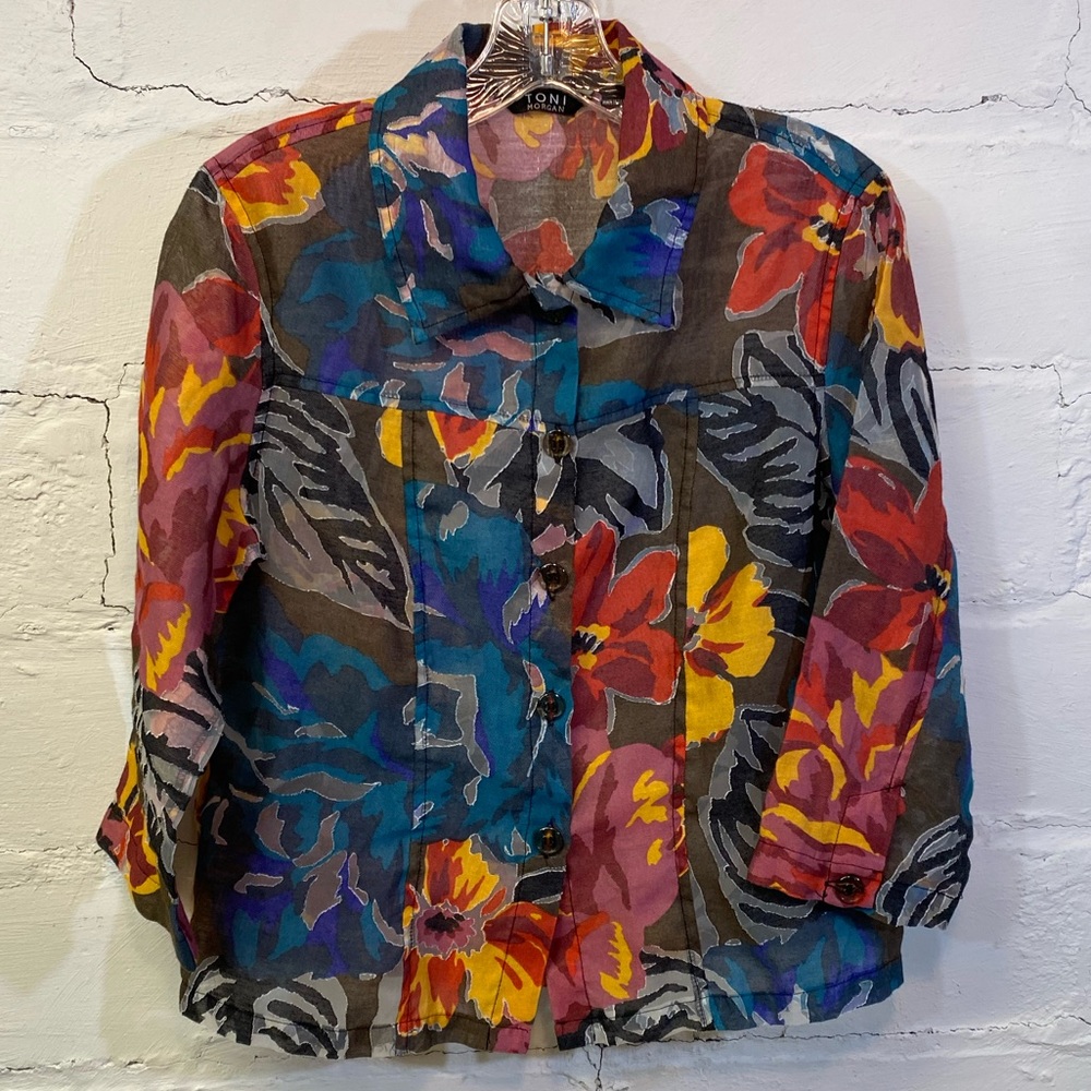 Tony Morgan Womens Blouse Brown/Black in a Bright Floral Pattern Size S